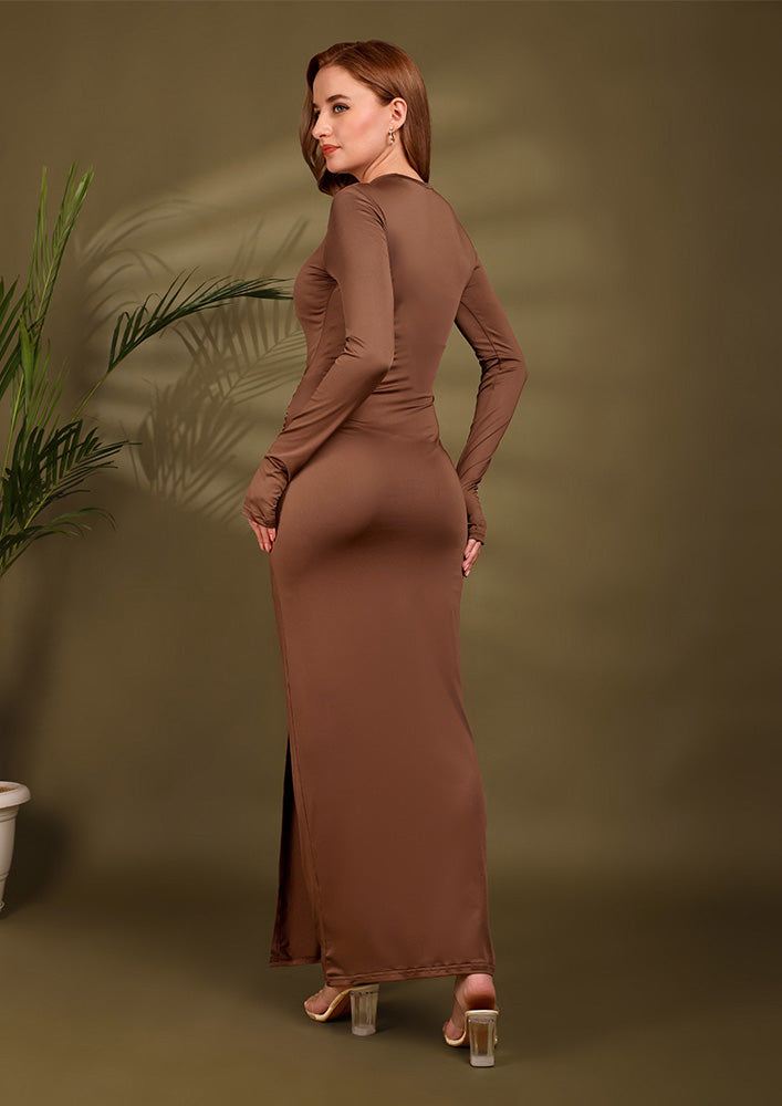 Brown Ruched Drape Bodycon Maxi Dress with Full Sleeves