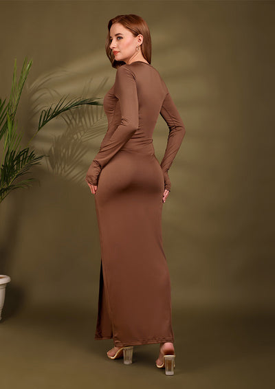 Brown Ruched Drape Bodycon Maxi Dress with Full Sleeves