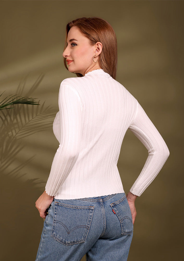 White Fine Knit High Neck Bodyfit Top
