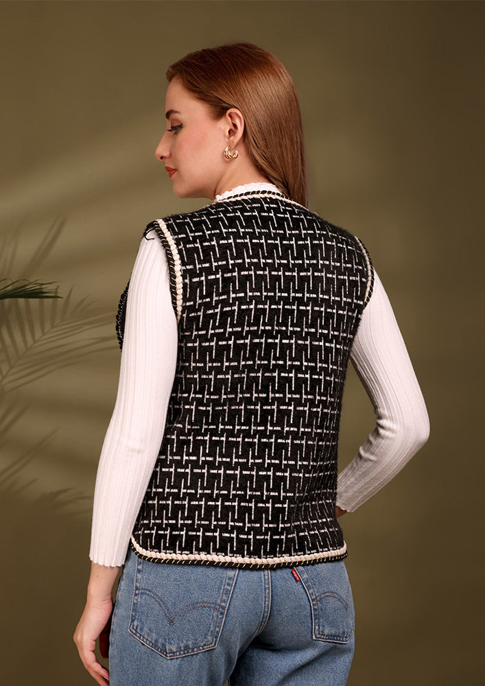 Black Sleeveless Textured Tweed Jacket