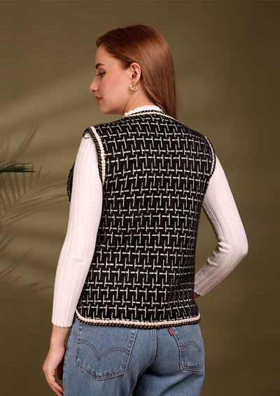 Black Sleeveless Textured Tweed Jacket
