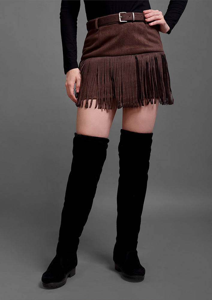 Brown Suede Fringed A-Line Mini Skirt