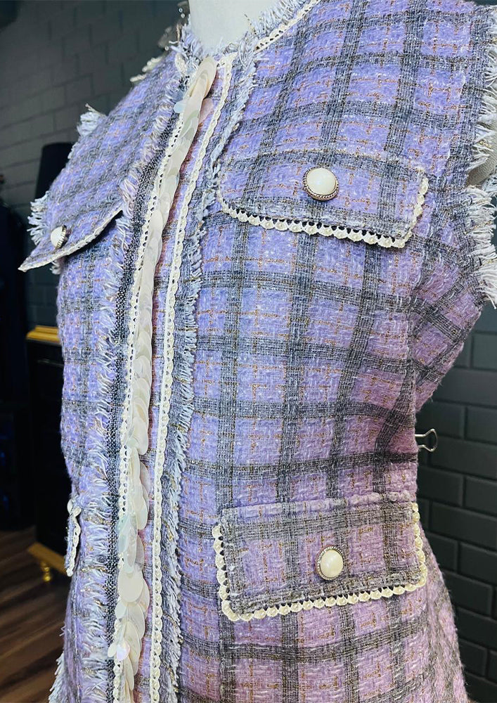 Lilac Fringe Shell Detailing Tweed Jacket Set With Skirt