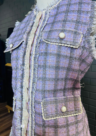 Lilac Fringe Shell Detailing Tweed Jacket Set With Skirt