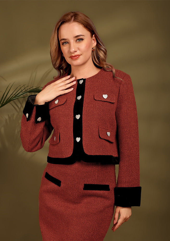 Maroon Tweed Short Jacket And Midi Skirt Set