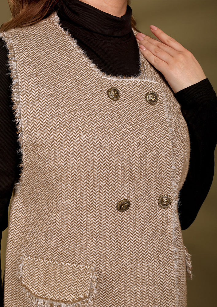 Heeringbone textured Tweed Sleeveless Vest With Raw Edges