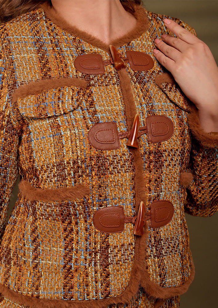 Brown Tweed Jacket And Skirt Set With Fur Detailing