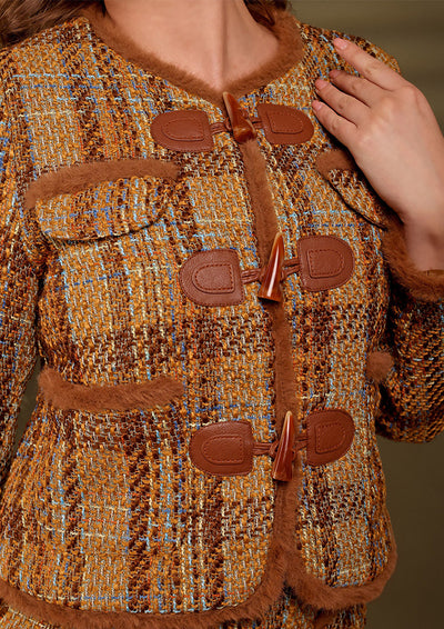 Brown Tweed Jacket And Skirt Set With Fur Detailing