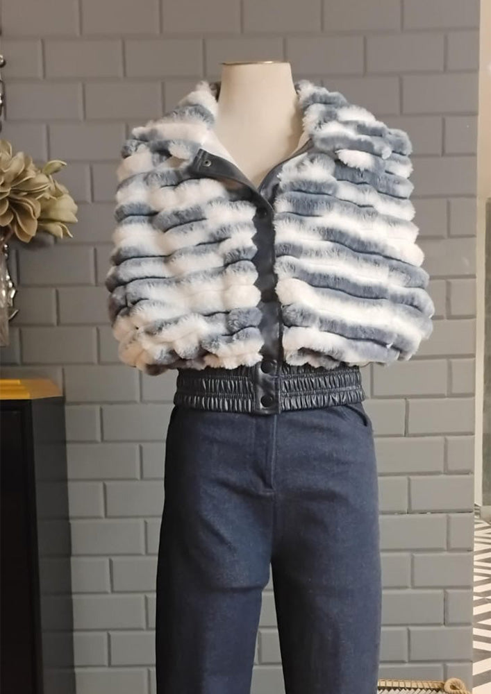 White & Grey Fur Sleeveless Jacket with Leather Detailing