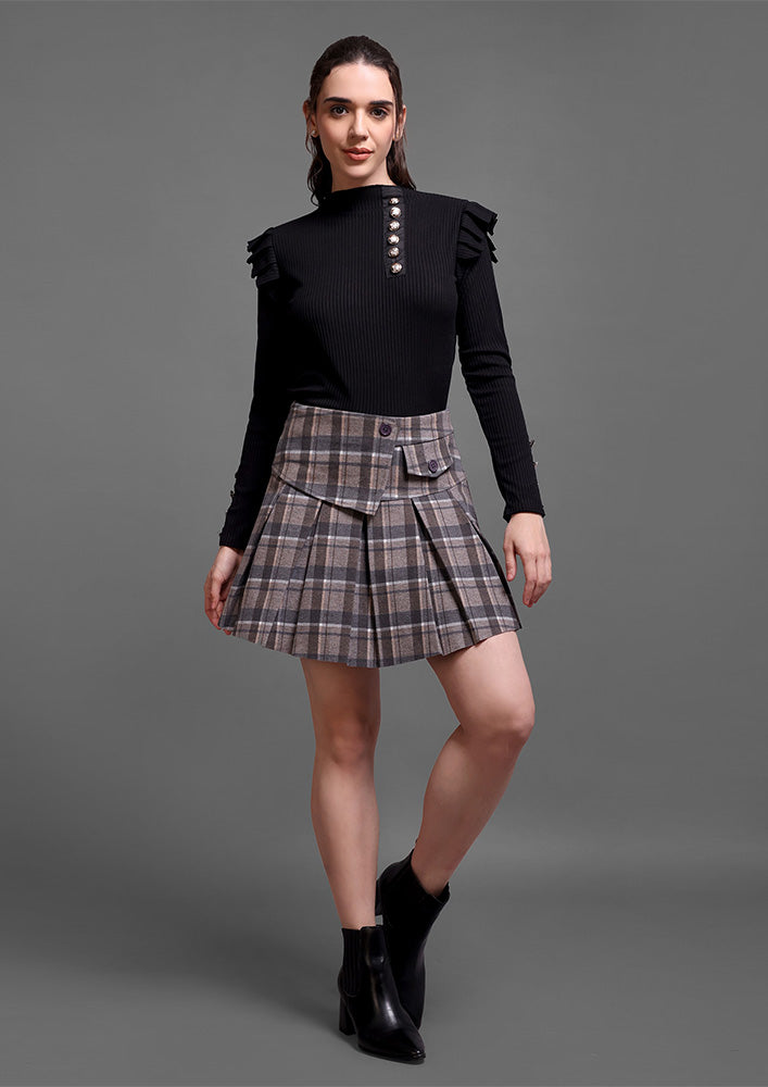 Grey Tartan Check Pleated A-Line Mini Skirt