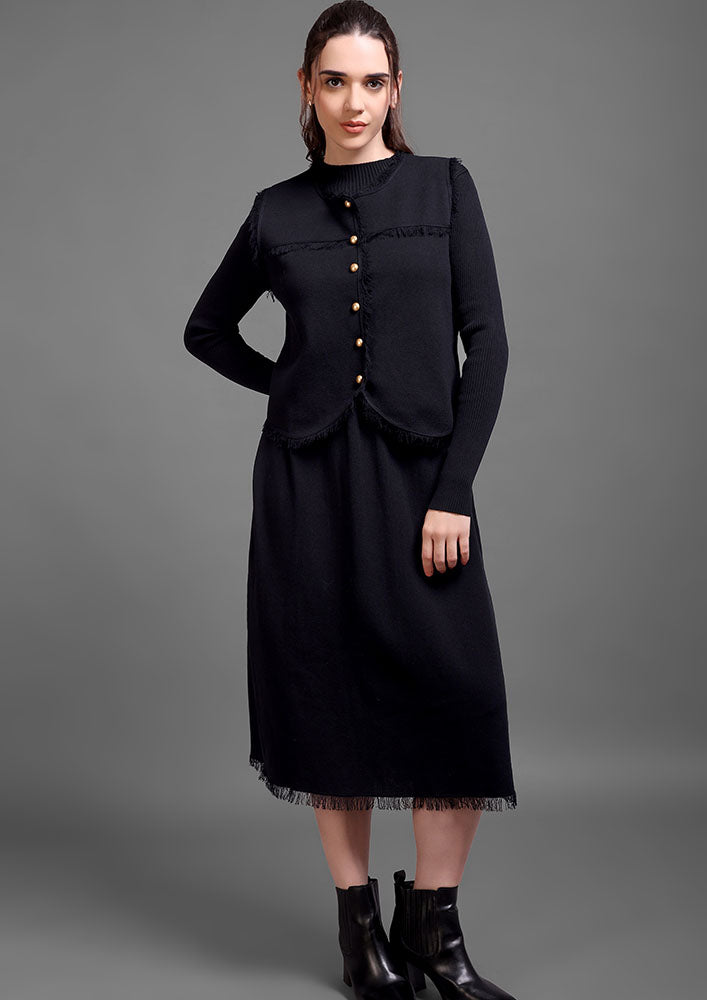 Black Woolen Midi Dress With Front Open Vest
