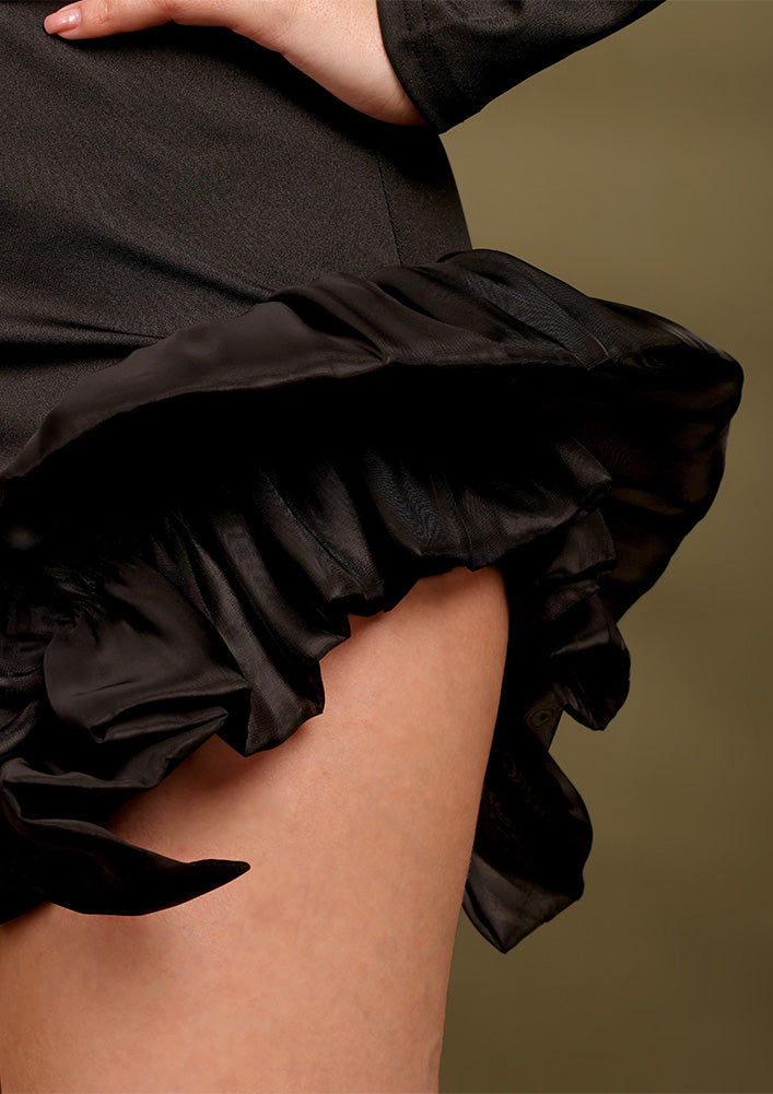 Black Mini Bodycon Dress with Satin Flower Hem Detail