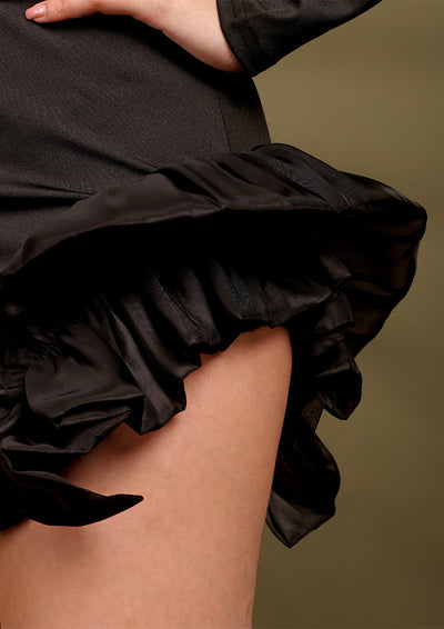 Black Mini Bodycon Dress with Satin Flower Hem Detail