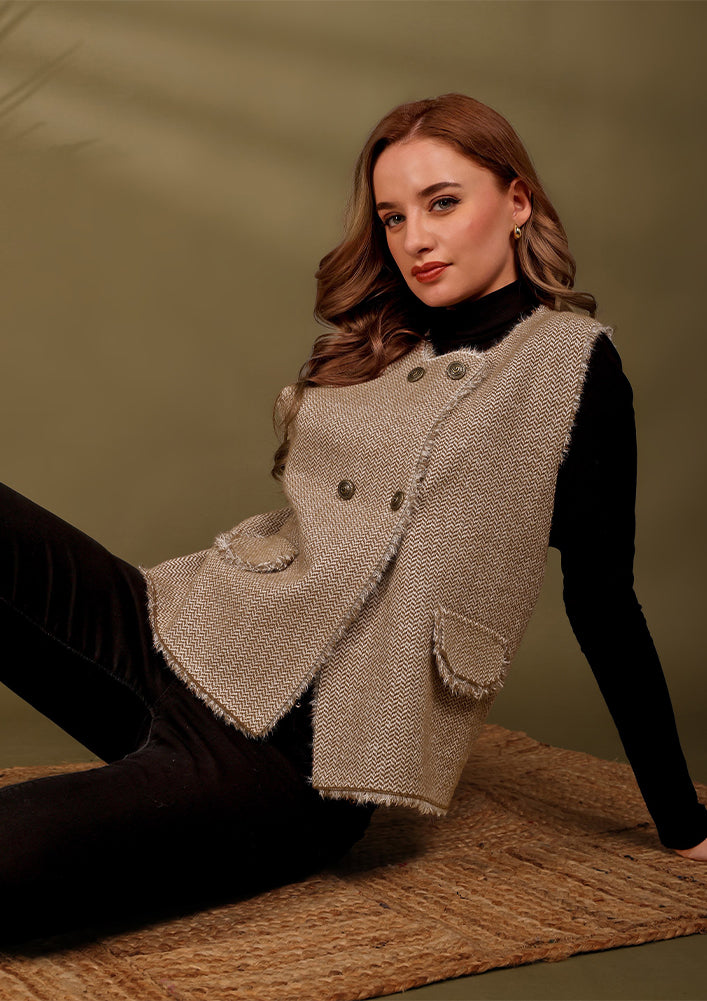 Heeringbone textured Tweed Sleeveless Vest With Raw Edges