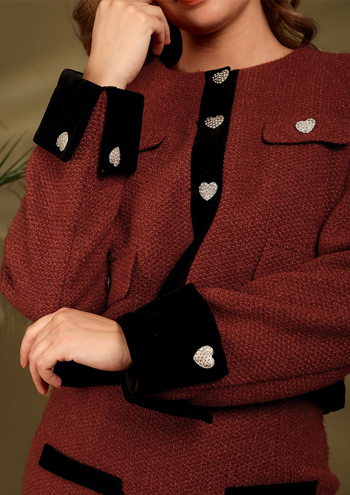 Maroon Tweed Short Jacket And Midi Skirt Set
