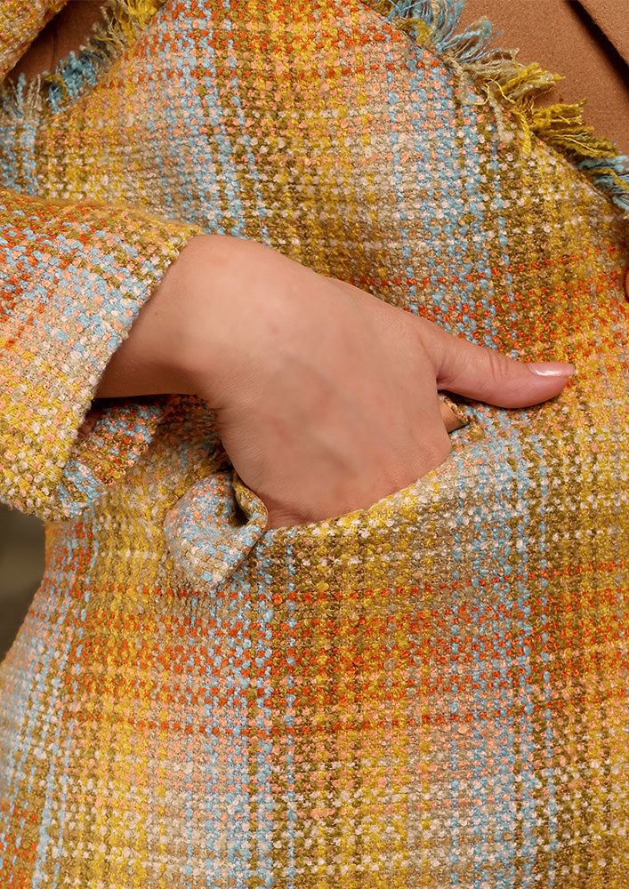 Camel Wool Shorts with Multicolor Tweed Blazer