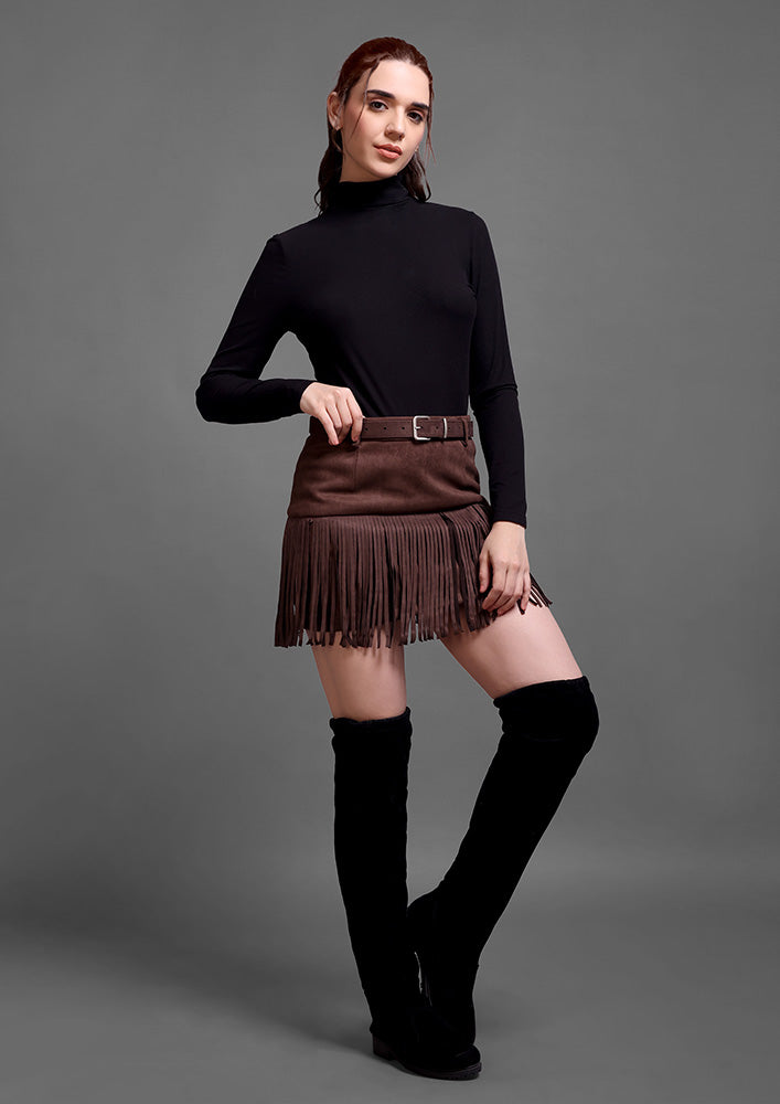 Brown Suede Fringed A-Line Mini Skirt