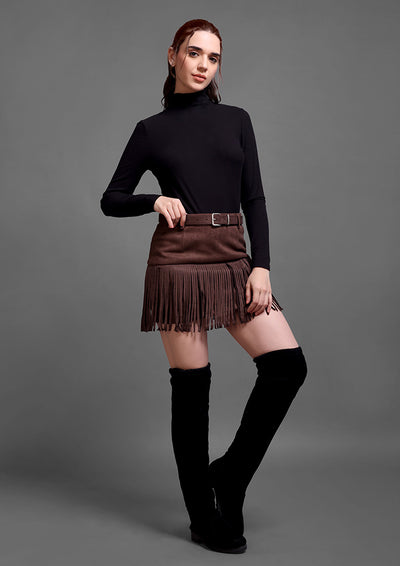 Brown Suede Fringed A-Line Mini Skirt