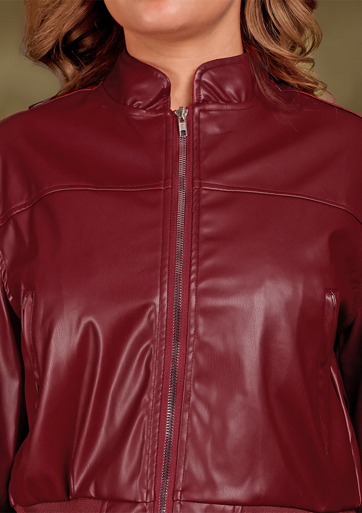 Maroon Zip-Up Leather Jacket