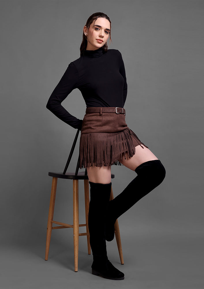 Brown Suede Fringed A-Line Mini Skirt