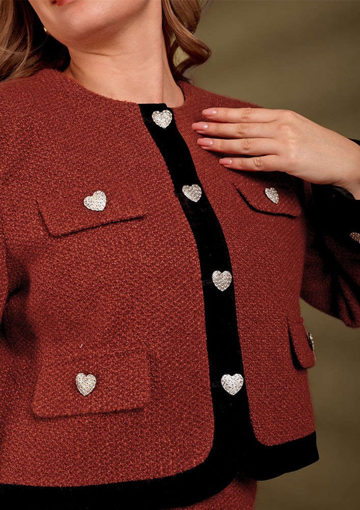 Maroon Tweed Short Jacket And Midi Skirt Set