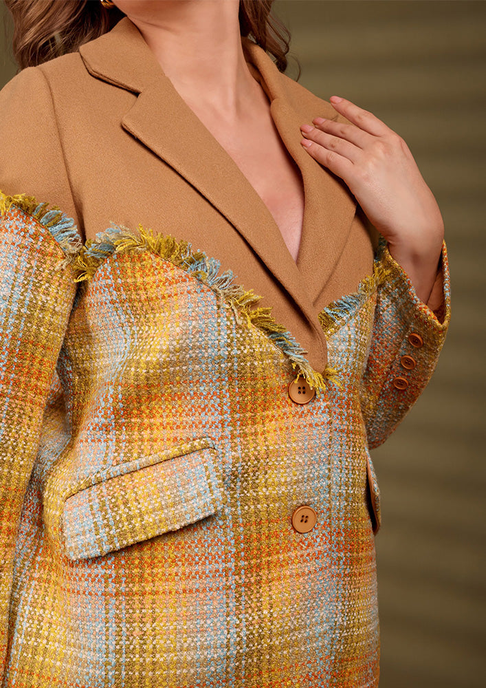 Camel Wool Shorts with Multicolor Tweed Blazer