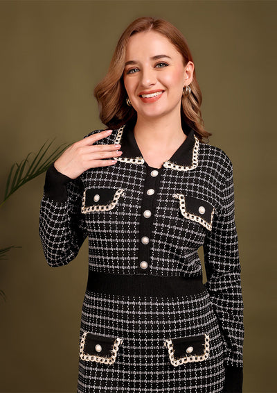 Black & White Knitted Knee Length Dress