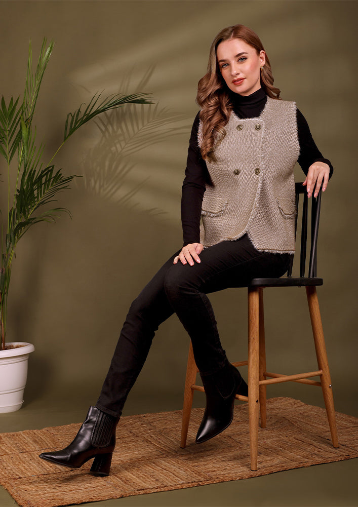 Heeringbone textured Tweed Sleeveless Vest With Raw Edges