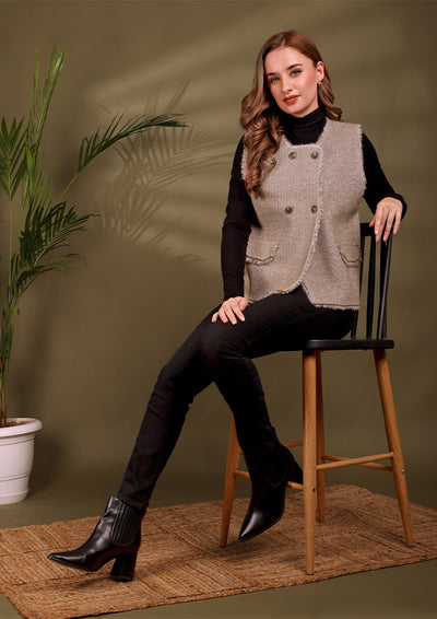 Heeringbone textured Tweed Sleeveless Vest With Raw Edges