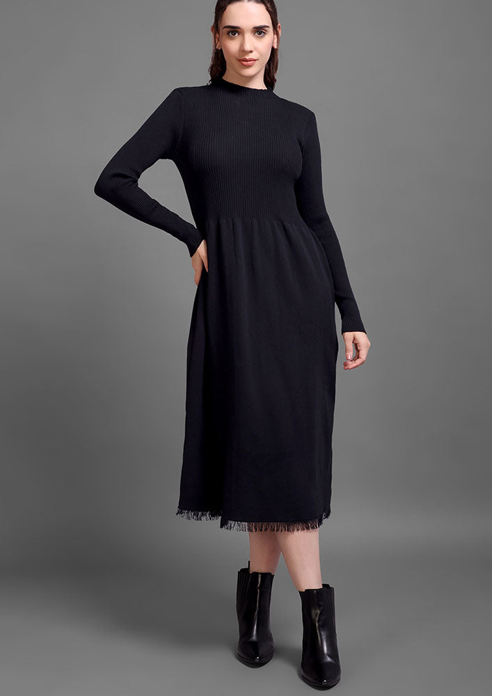 Black Woolen Midi Dress With Front Open Vest
