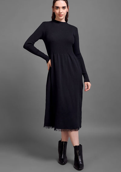 Black Woolen Midi Dress With Front Open Vest