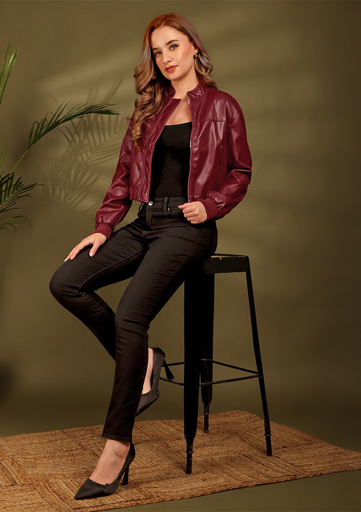 Maroon Zip-Up Leather Jacket