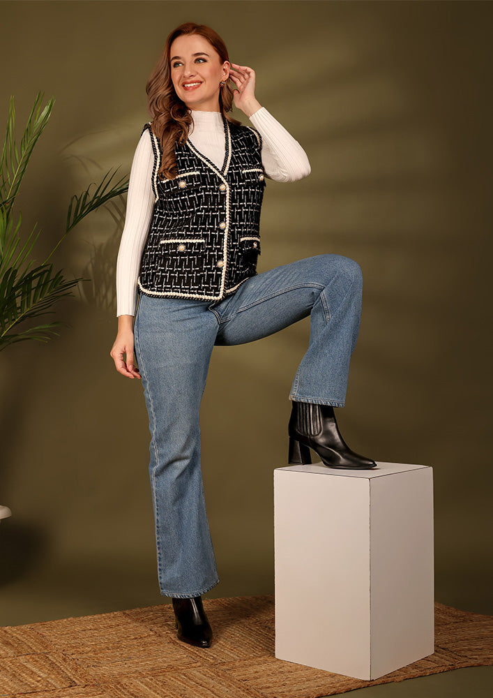 Black Sleeveless Textured Tweed Jacket