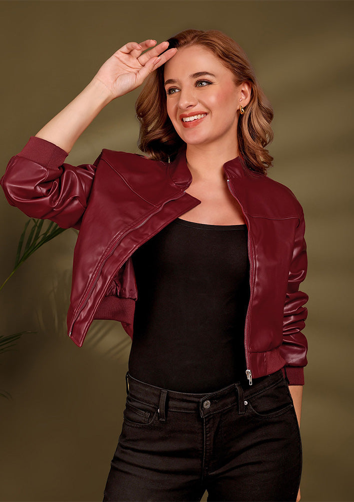 Maroon Zip-Up Leather Jacket