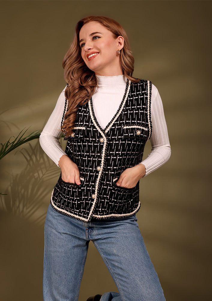 Black Sleeveless Textured Tweed Jacket