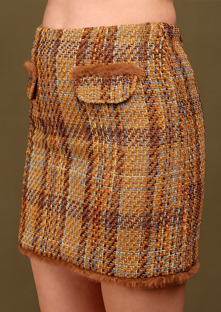 Brown Tweed Jacket And Skirt Set With Fur Detailing