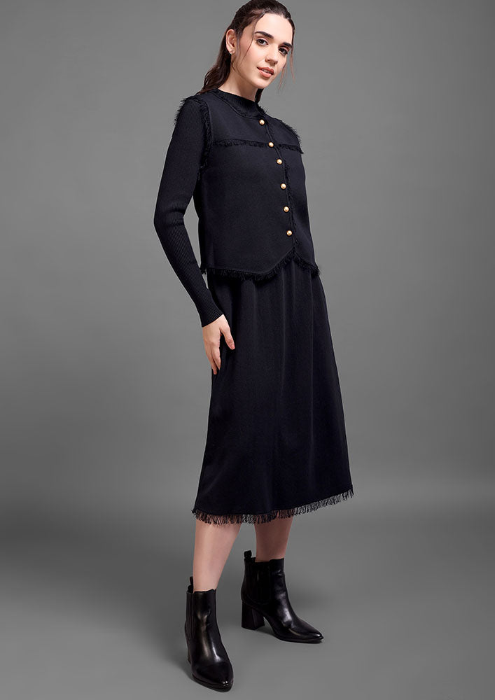 Black Woolen Midi Dress With Front Open Vest