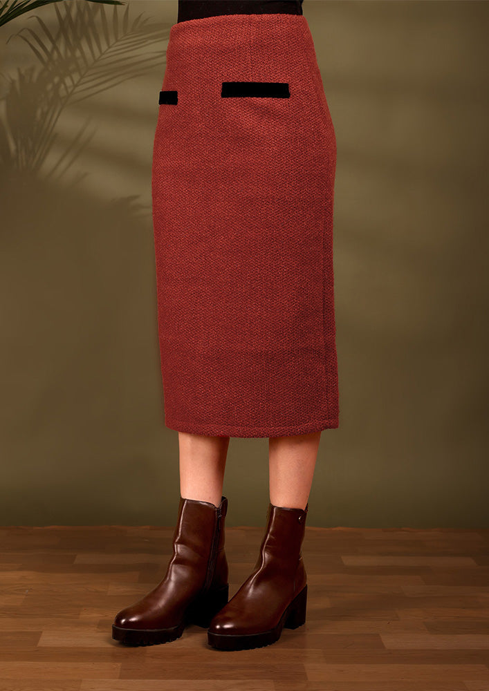 Maroon Tweed Short Jacket And Midi Skirt Set