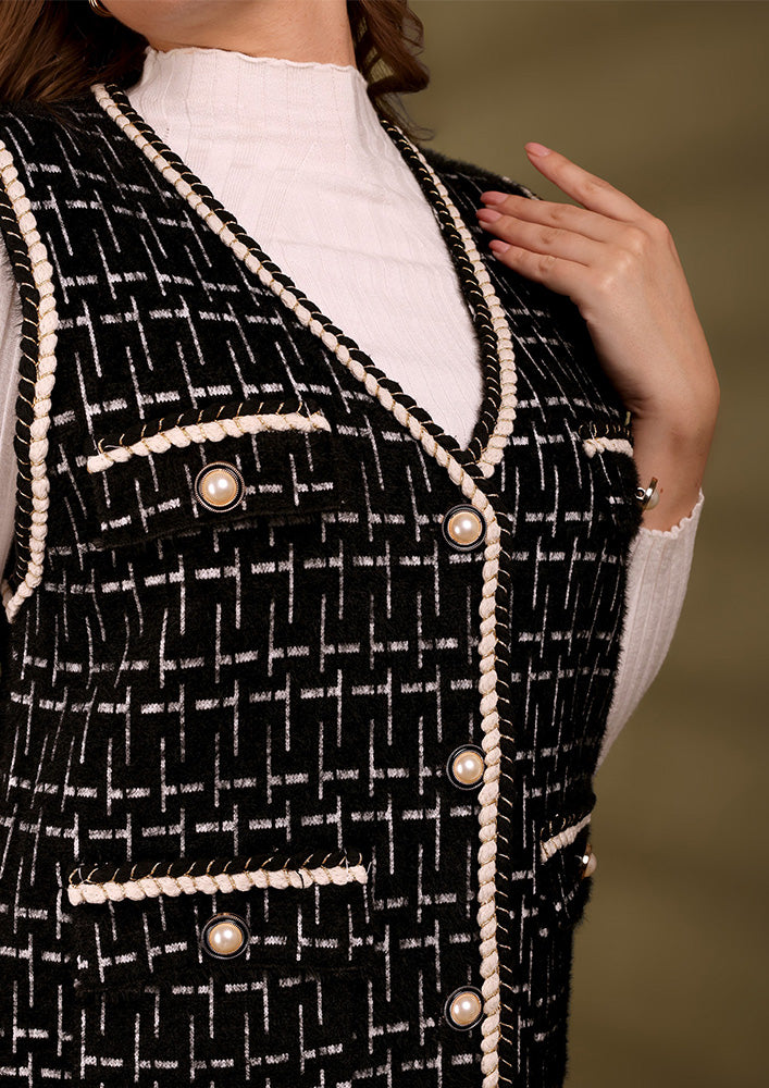 Black Sleeveless Textured Tweed Jacket