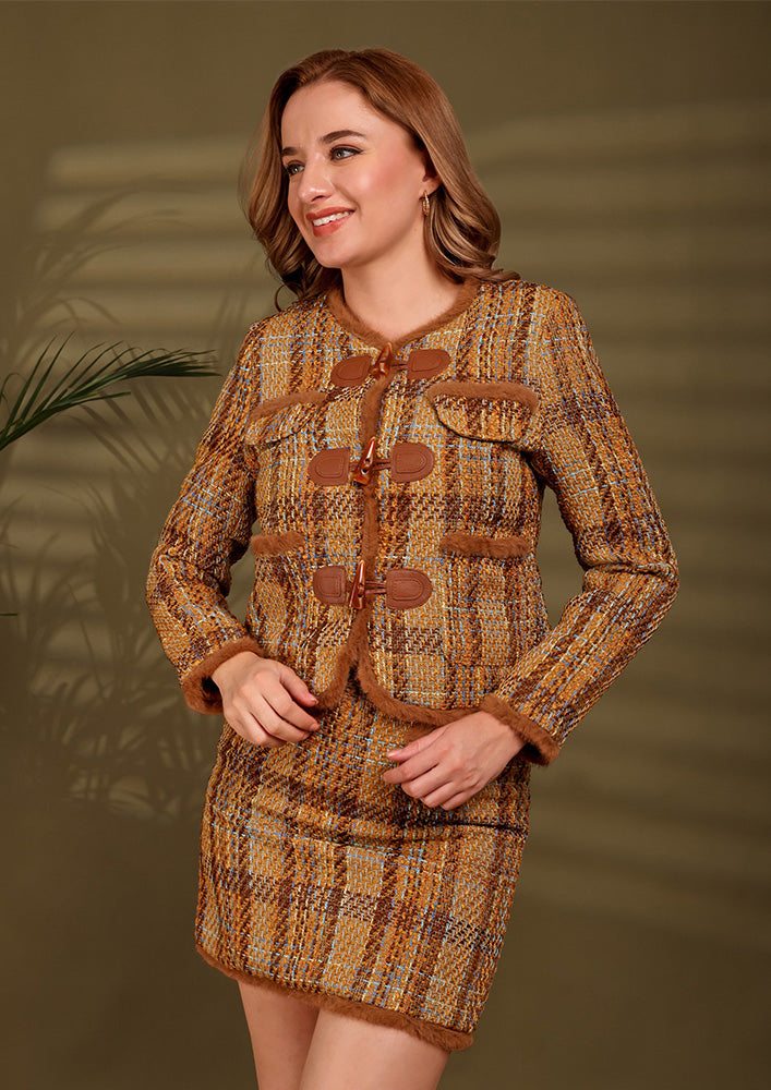 Brown Tweed Jacket And Skirt Set With Fur Detailing
