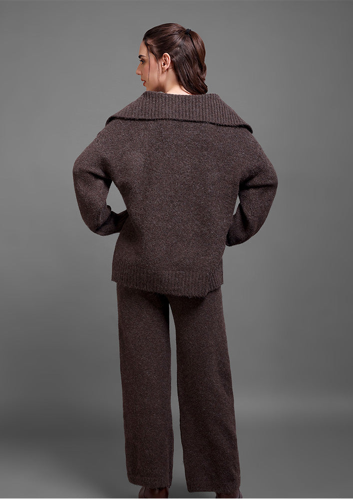 Brown Woolen  Sweater Top And Trouser Co-ord Set