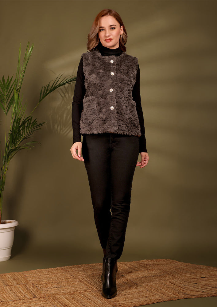 Brown Woolen Fur Sleeveless Vest