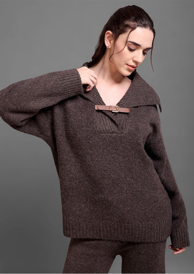 Brown Woolen  Sweater Top And Trouser Co-ord Set