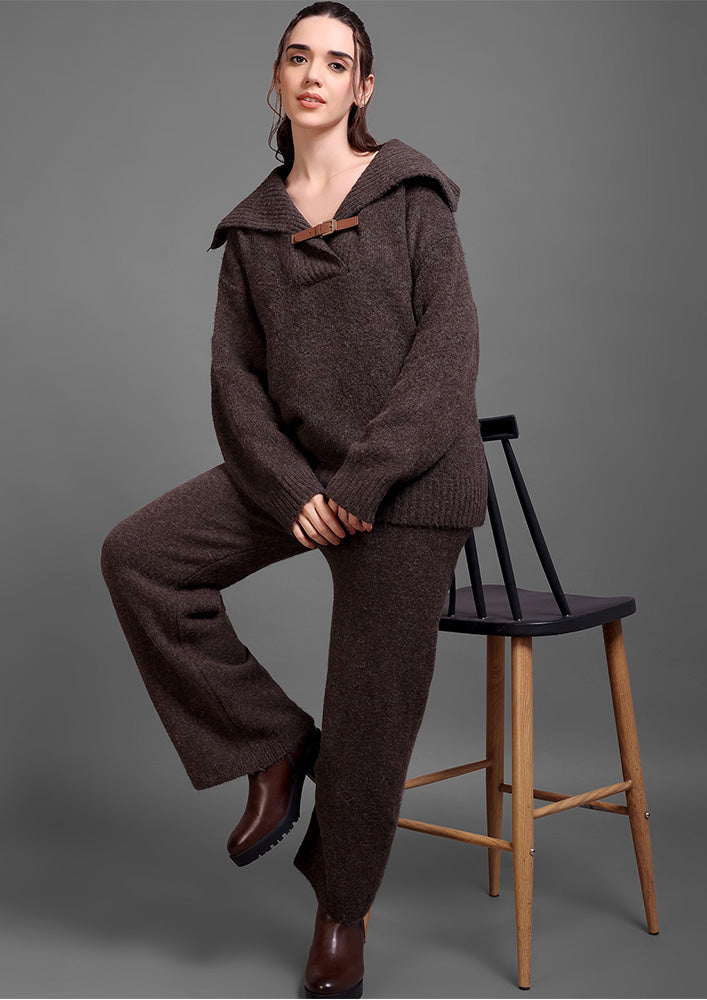 Brown Woolen  Sweater Top And Trouser Co-ord Set