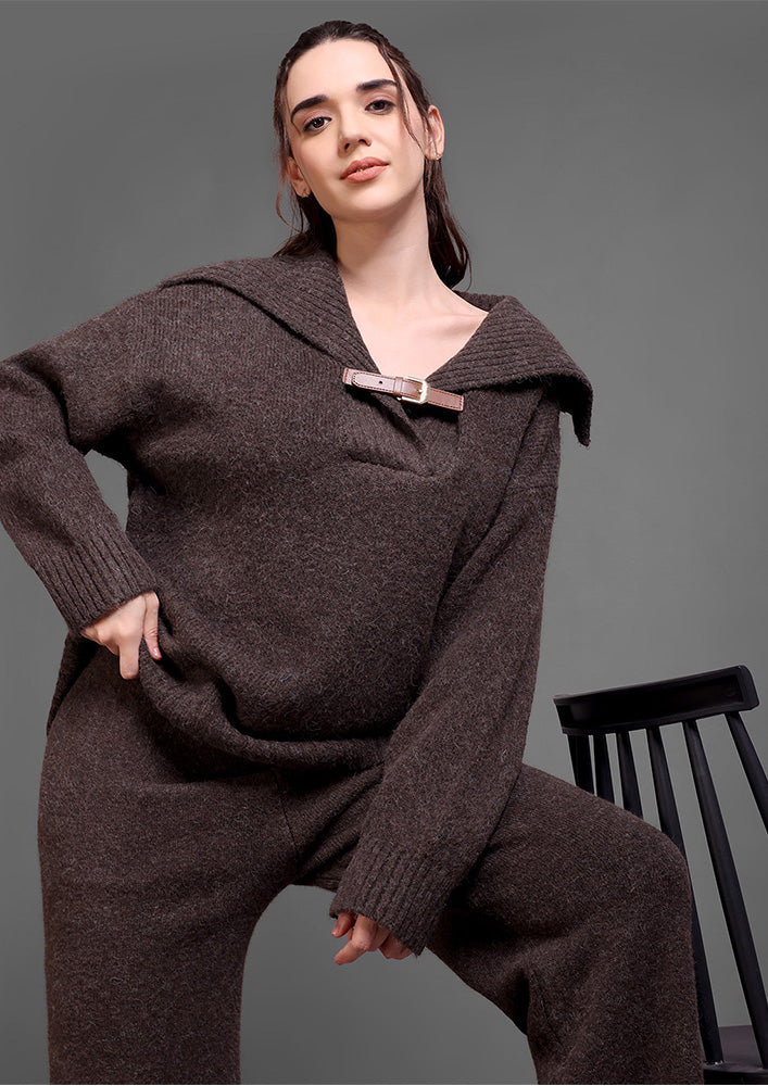 Brown Woolen  Sweater Top And Trouser Co-ord Set