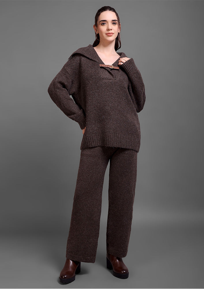 Brown Woolen  Sweater Top And Trouser Co-ord Set
