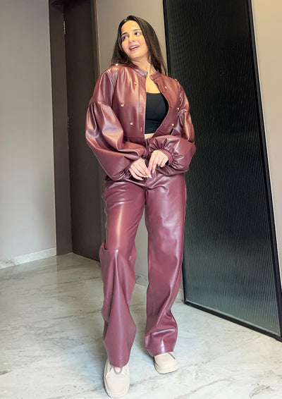 Burgundy Embellished Detailed Bubble Hem Leather Jacket