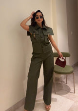 Women wearing stylish trending Olive Green Shoulder Buckle Detailed Denim co-ord Set with Straight Trouser