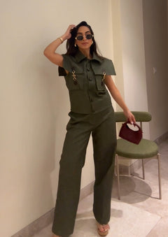 Women wearing stylish trending Olive Green Shoulder Buckle Detailed Denim co-ord Set with Straight Trouser