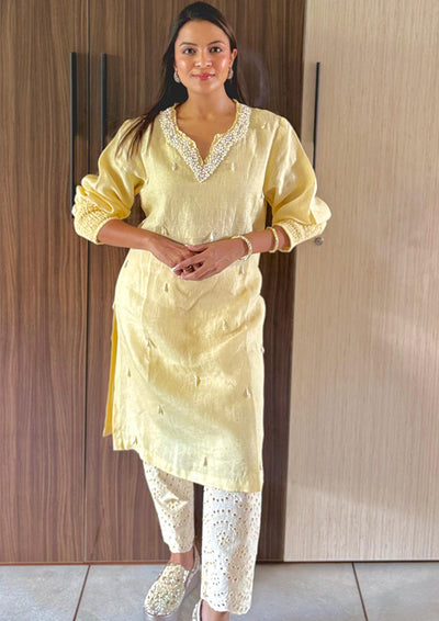 Yellow Linen Embellished A-Line Kurta with Schiffli Pants